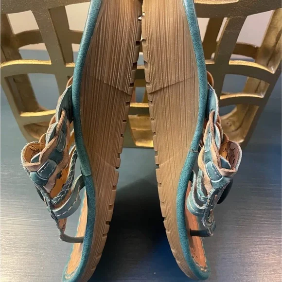 Earth Wander Leather Teal Thong Sandals Women’s 8B Cushioned Slight Wedge - Picture 5 of 11